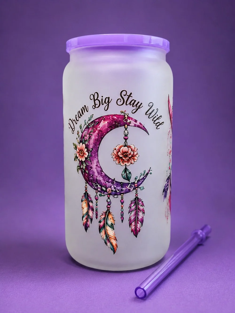 Frosted Glass Tumbler with Purple Lid & Straw – Boho Floral Skull Desig